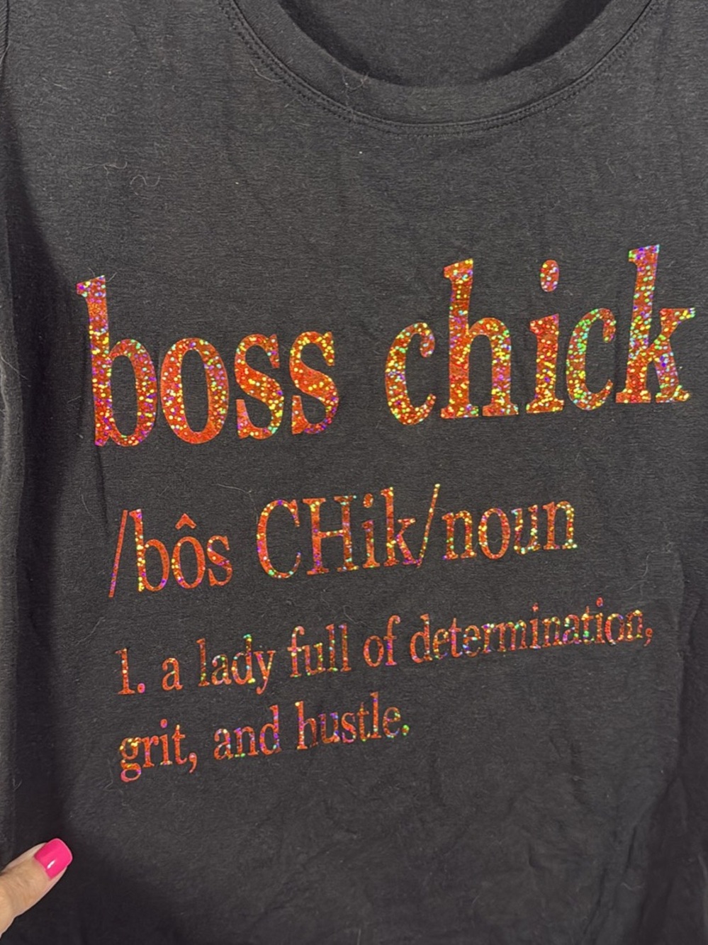 Cynthia Rowley Black Tee with Iridescent Glitter 'boss chick' Text